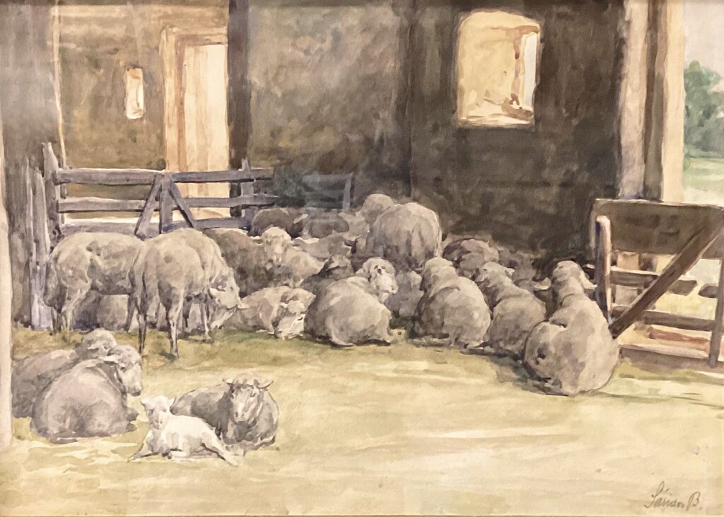 Bella Sandor. Flock Of Sheep In Barn. Watercolor on Paper.