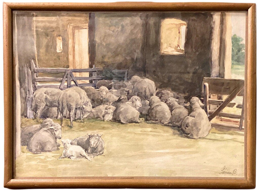 Bella Sandor. Flock Of Sheep In Barn. Watercolor on Paper.
