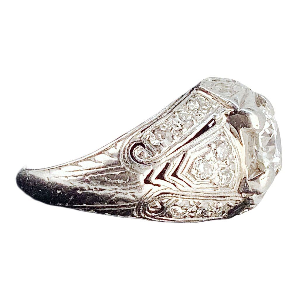 Diamond Ring Set w. 0.90 Carat Stone Mounted in Platinum. c.1930s Culet Cut