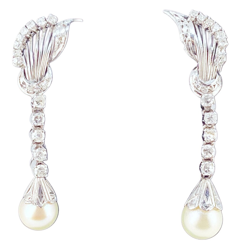 Diamond & Pearl Drop Earrings Mounted in 18Kt. c. 1950s