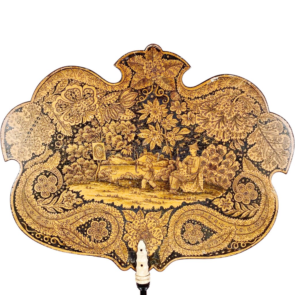 19th Century Hand Painted Face Screen w Bone Handle
