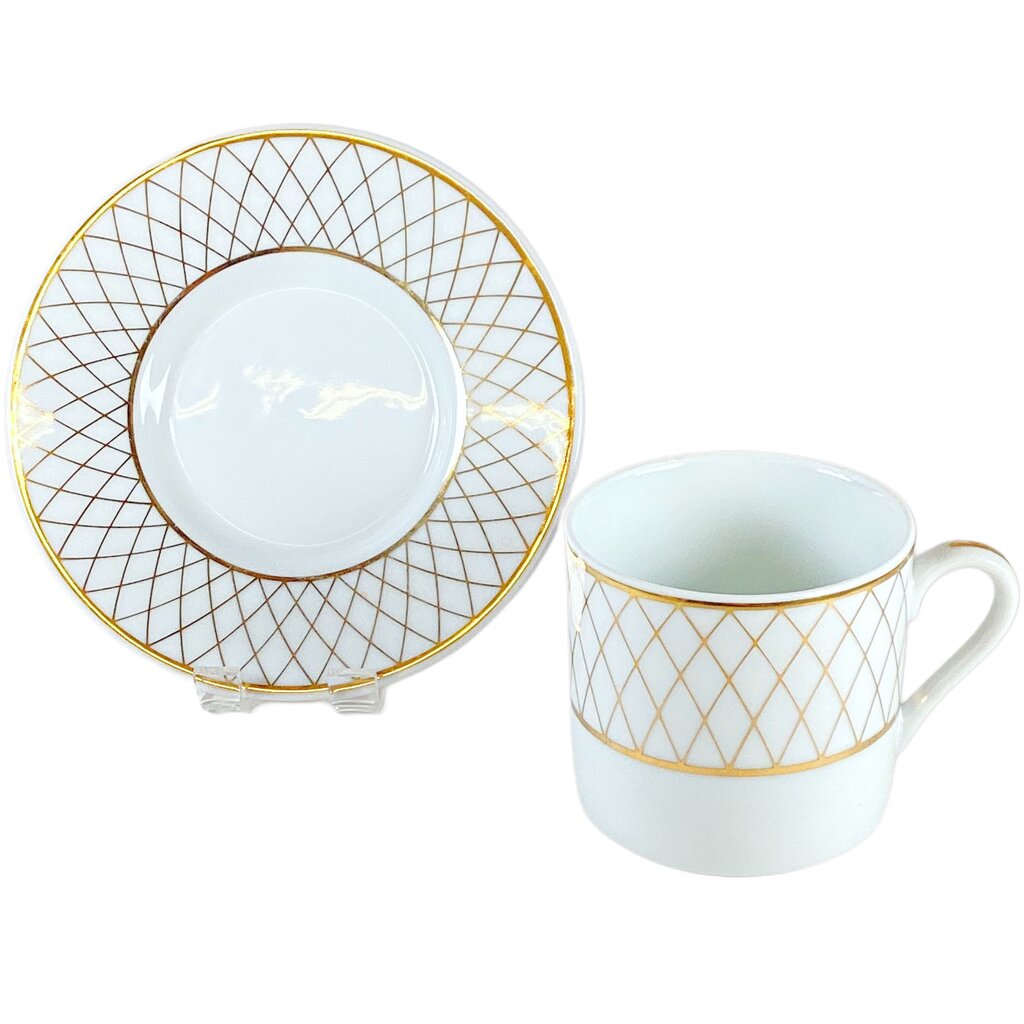 Set of 6 Tiffany Gold Lattice Espresso Cups & Saucers