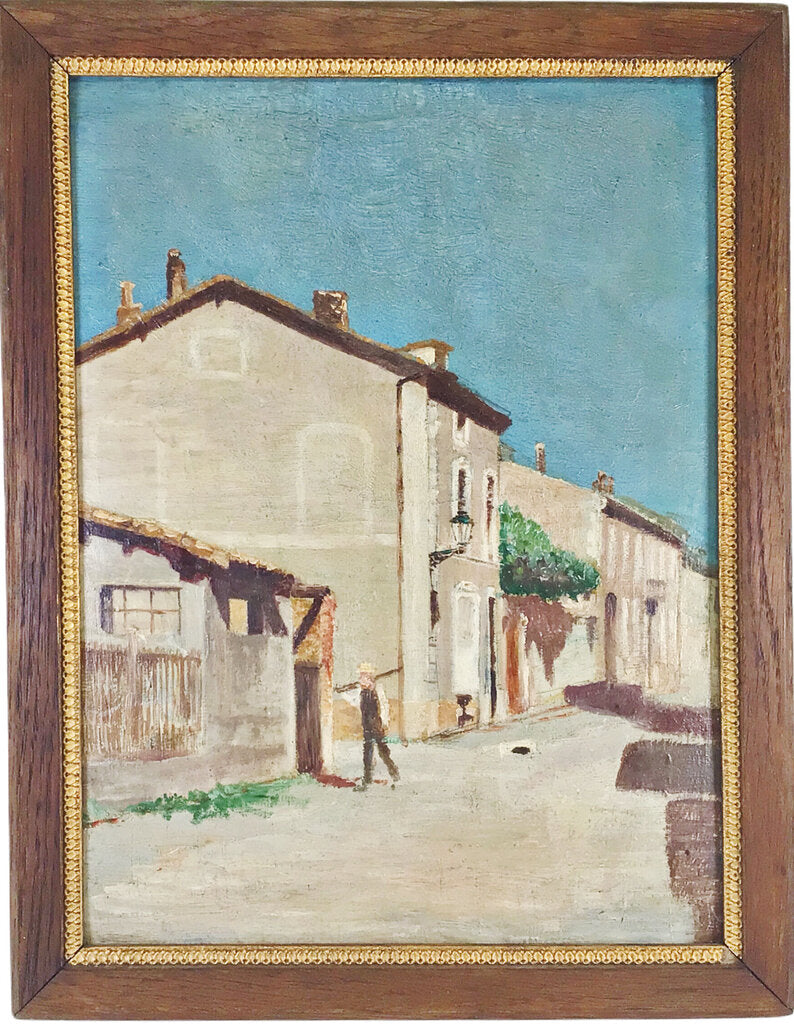 Man on French Village Street. Oil on Board.