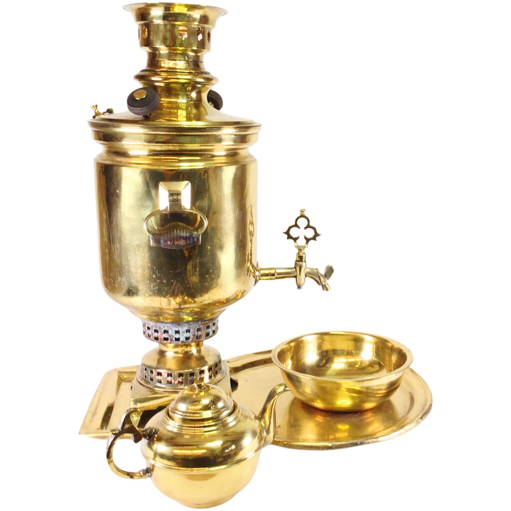 Antique Russian Brass Samovar w/ Tray, Catch Bowl, & Teapot