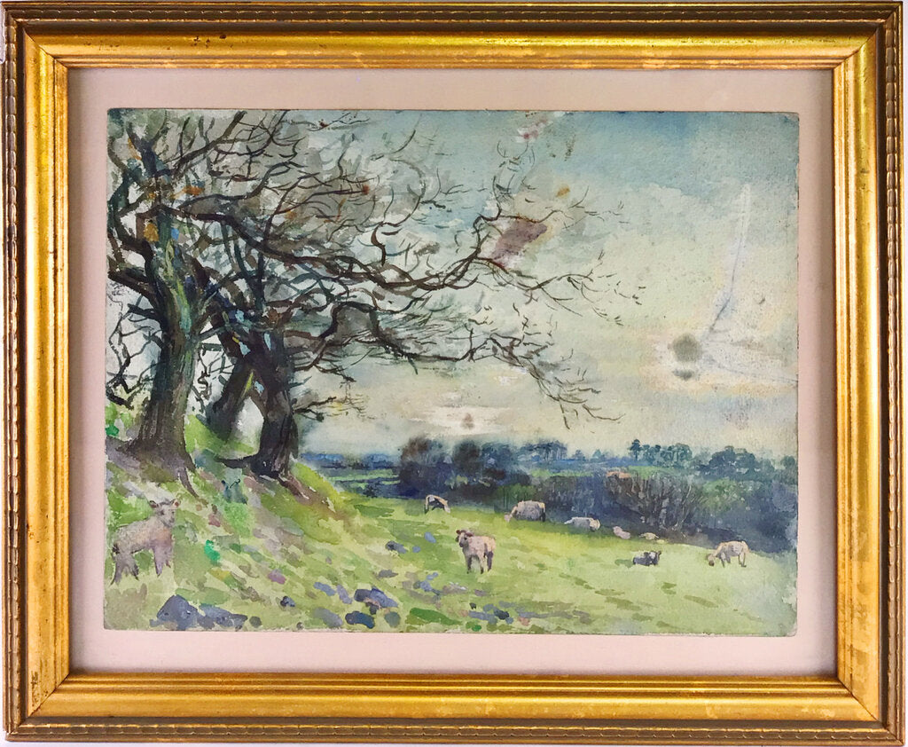 Pastoral Scene w Sheep. Watercolor on Paper. 19th Century English