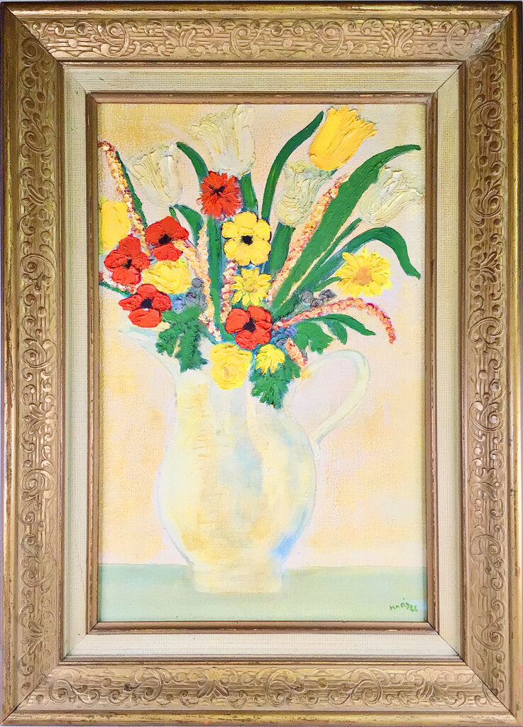 Summer Flowers in Glass Pitcher. Oil on Board.