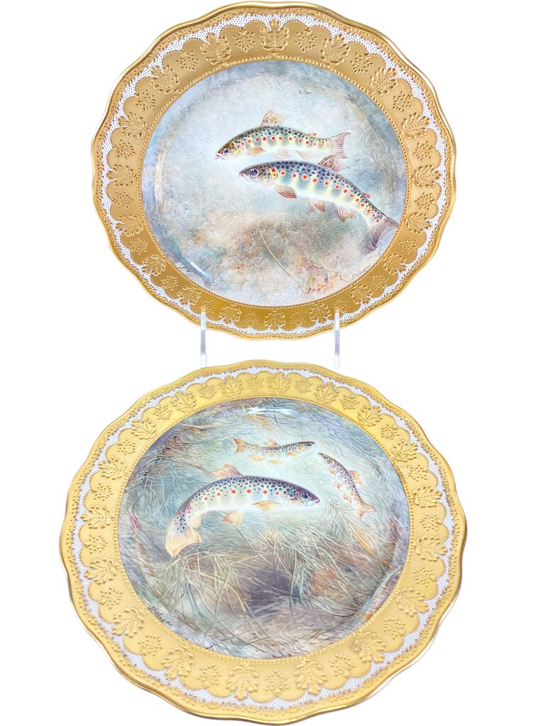 Set of 6 Antique Hand Painted Cauldon for Tiffany Fish Plates. Signed Birbeck, Sen