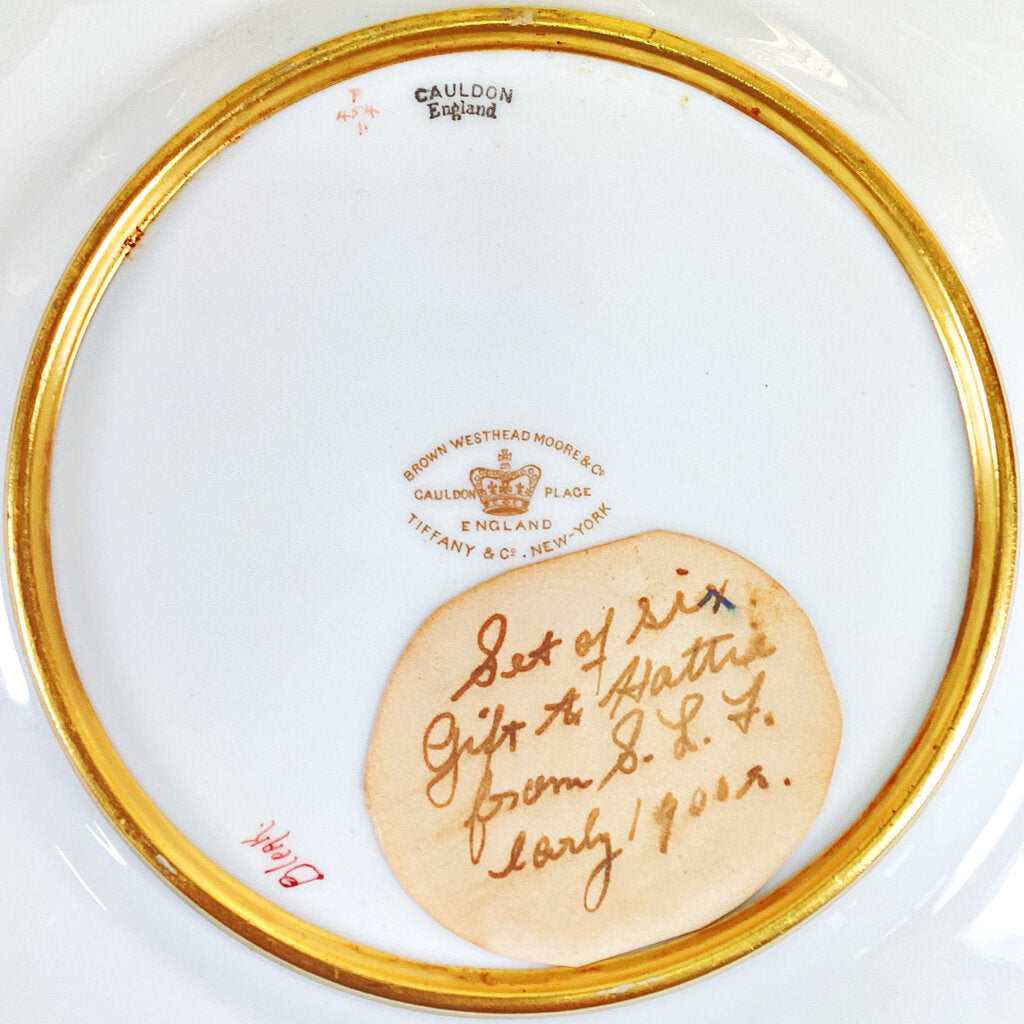 Set of 6 Antique Hand Painted Cauldon for Tiffany Fish Plates. Signed Birbeck, Sen