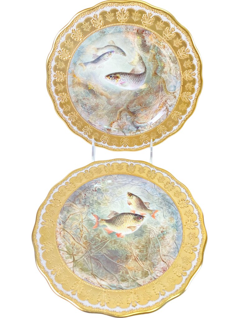 Set of 6 Antique Hand Painted Cauldon for Tiffany Fish Plates. Signed Birbeck, Sen