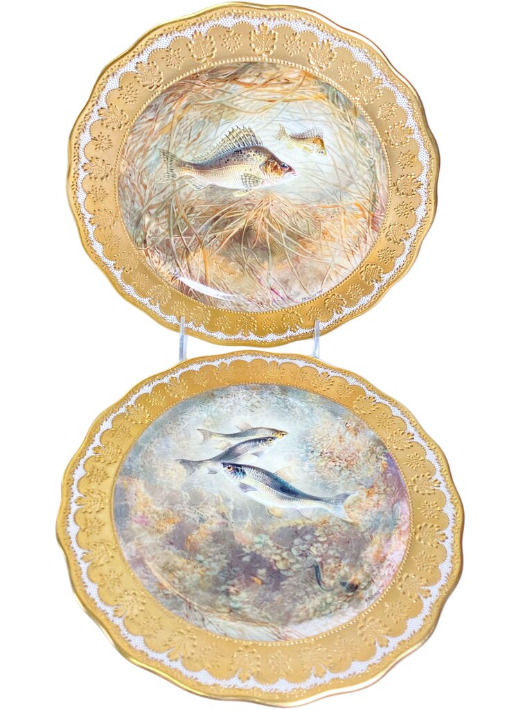 Set of 6 Antique Hand Painted Cauldon for Tiffany Fish Plates. Signed Birbeck, Sen