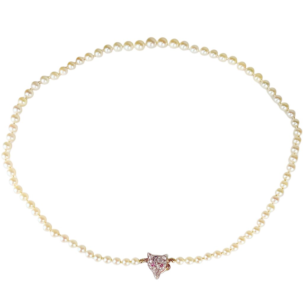 Pearl Necklace w Diamond & Ruby Fox Clasp Mounted in 14Kt Gold