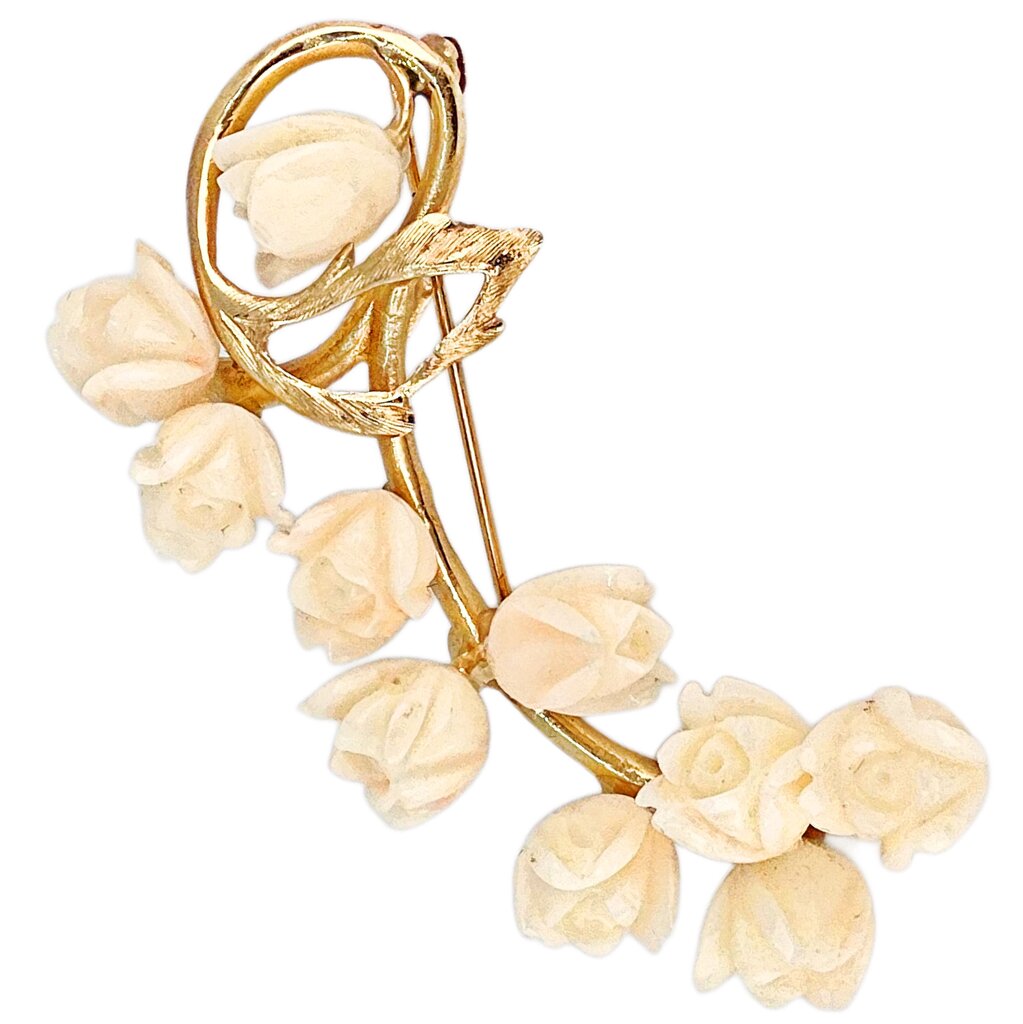 14kt w/ Angel Skin Coral Carved Floral Brooch