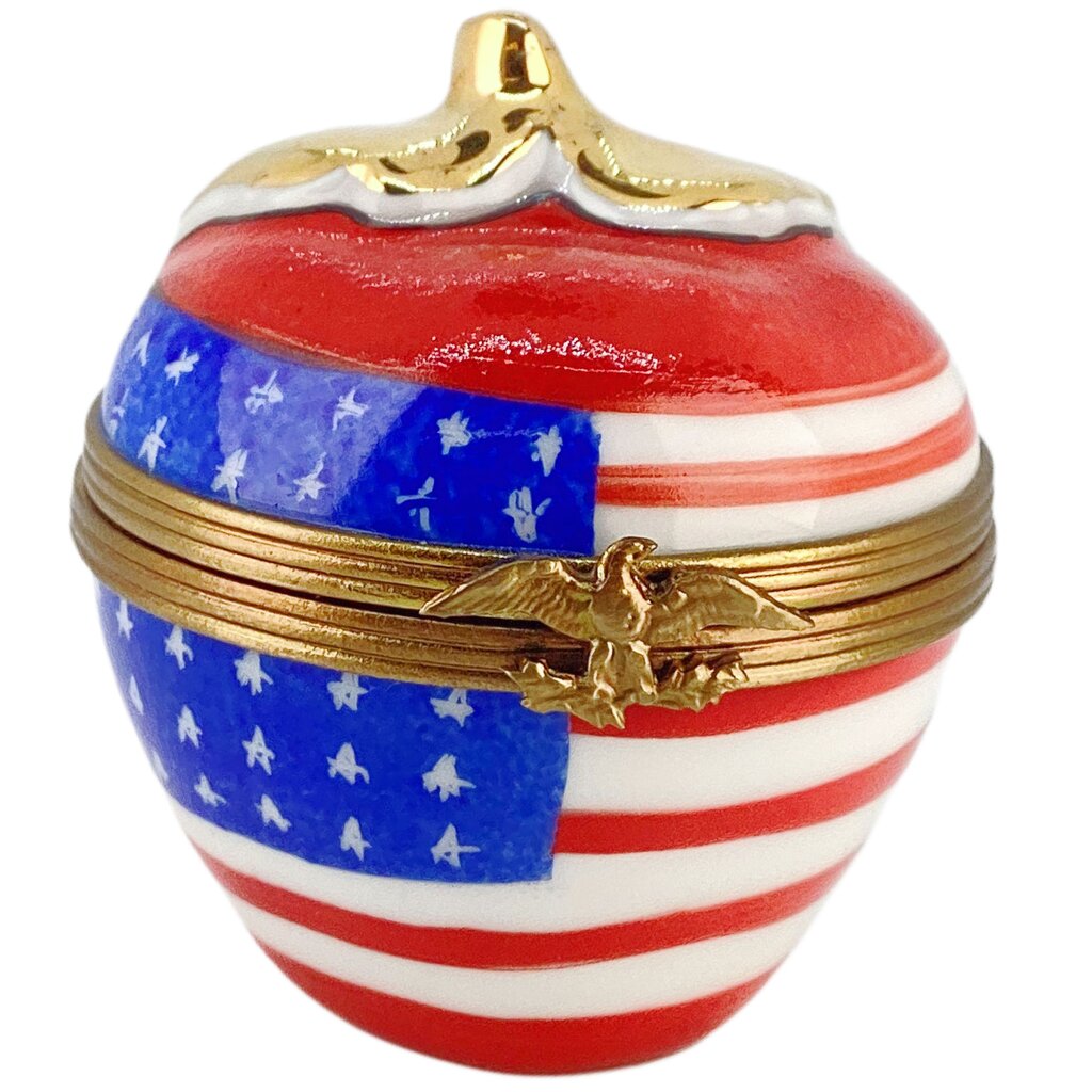 Vintage Limoges Hand Painted American Flag Apple Trinket Box