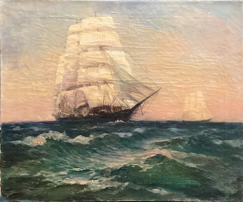 Sailing Schooners At Sea. Oil on Canvas. Early 20th Century American.