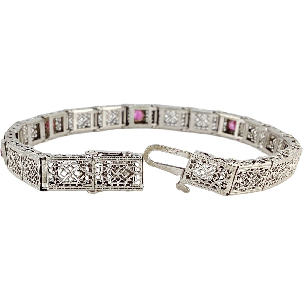14KT White Gold Antique Filigree & Ruby Bracelet