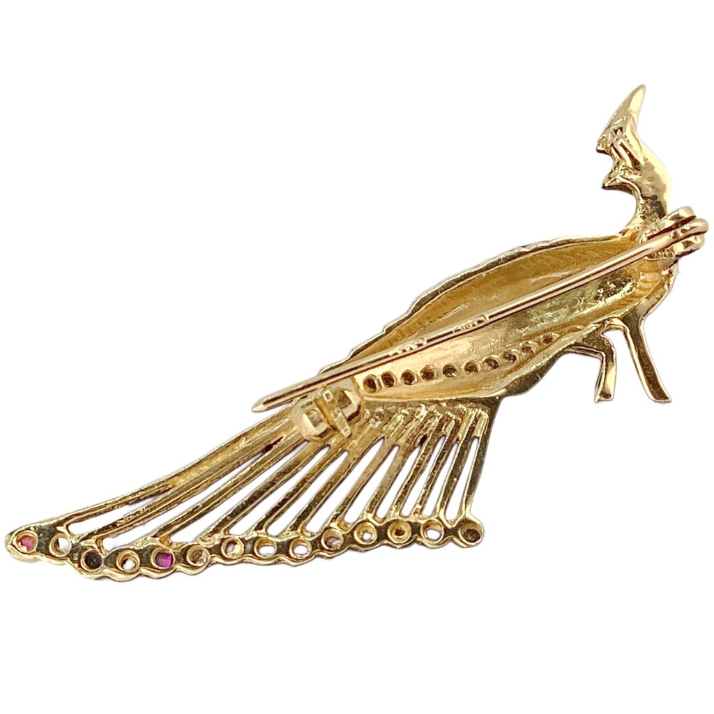 14Kt Gold Peacock Brooch w Gems on Feathers