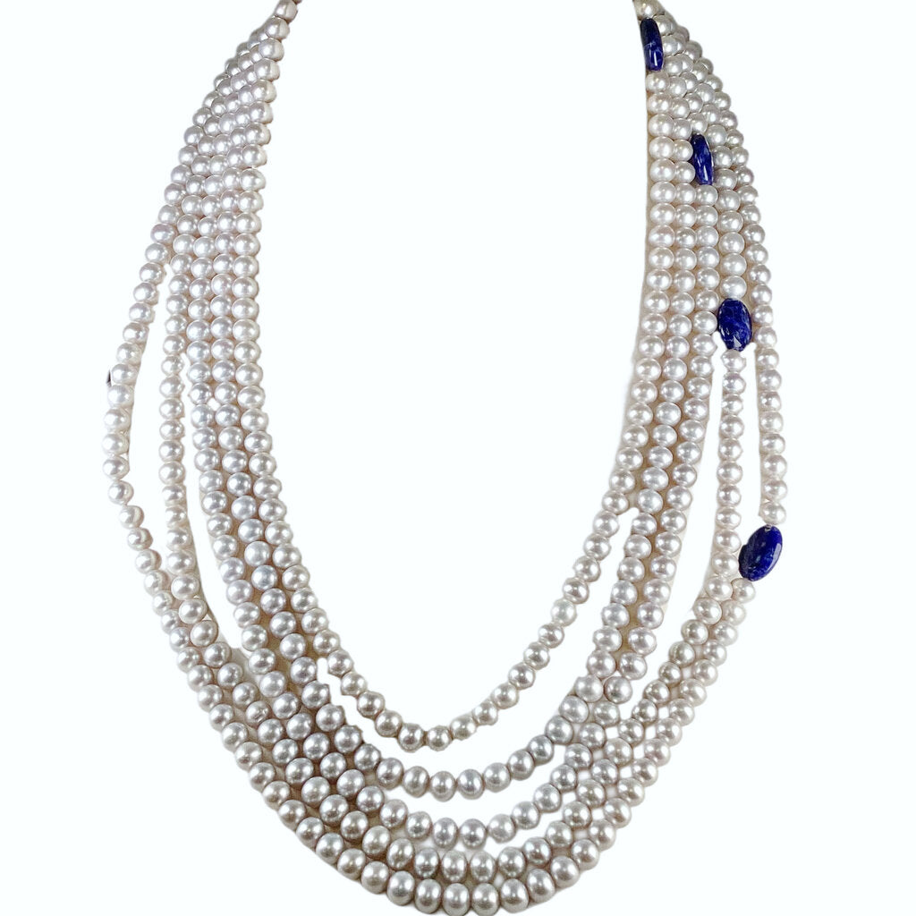 Bounkit Statement Necklace w 5 Strands of Gray Pearls w Sterling Clasp