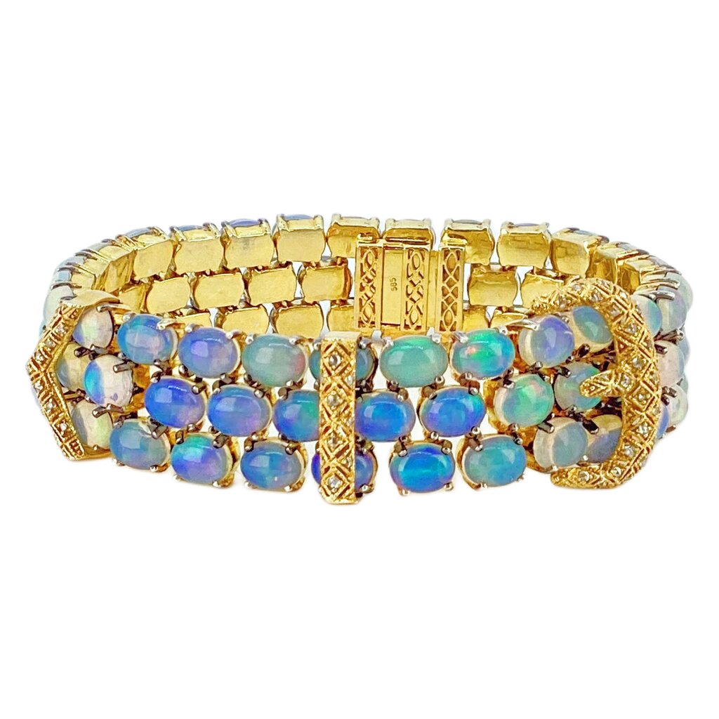 Vermeil Stering Belt Bracelet set w Opals & Diamonds & 14Kt Gold Clasp