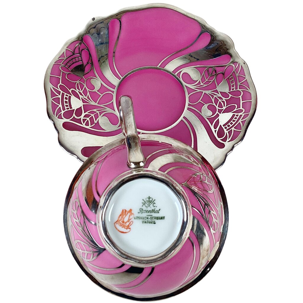 36 Piece Rosenthal Pink & Platinum Dessert Plates, Tea Cups & Saucers