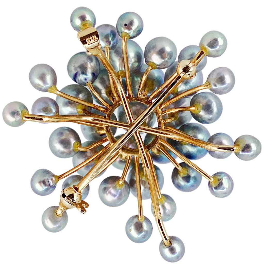 14Kt Gold & Cultured Gray Pearls Starburst Brooch