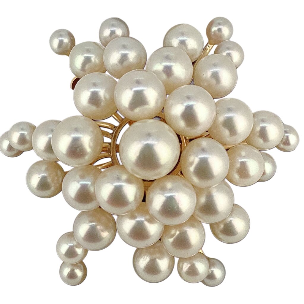 14Kt Gold & Cultured White Pearls Starburst Brooch