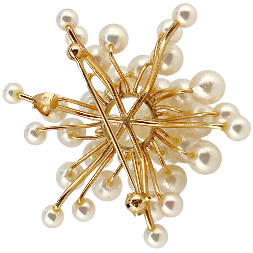 14Kt Gold & Cultured White Pearls Starburst Brooch