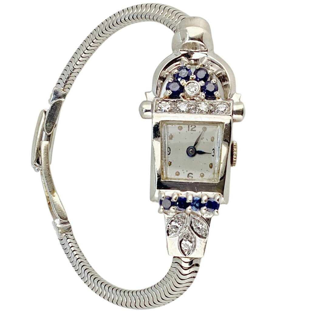 1940's 14Kt White Gold Ladies Watch w Diamond & Sapphires