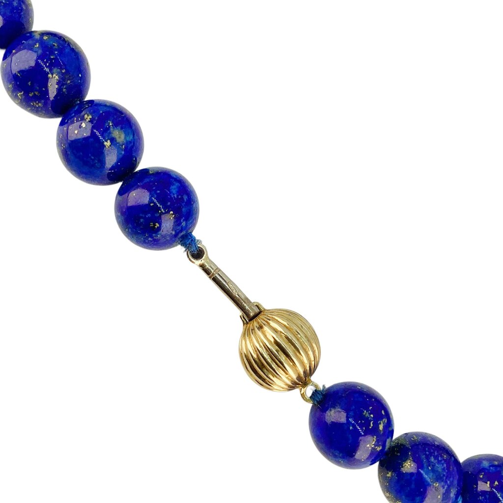 Carved and Polished Lapis Bead Necklace w/18kt Clasp