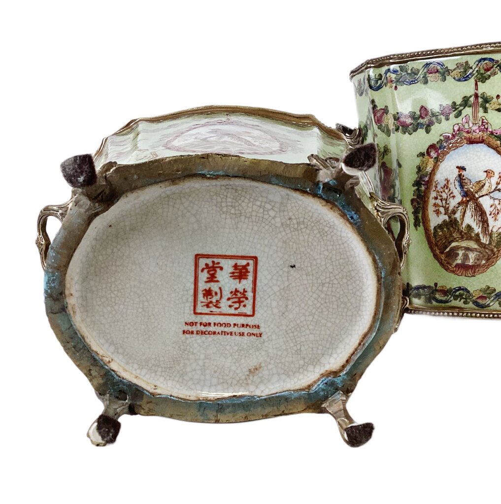 PAIR Porcelain & Brass Footed Cachepots