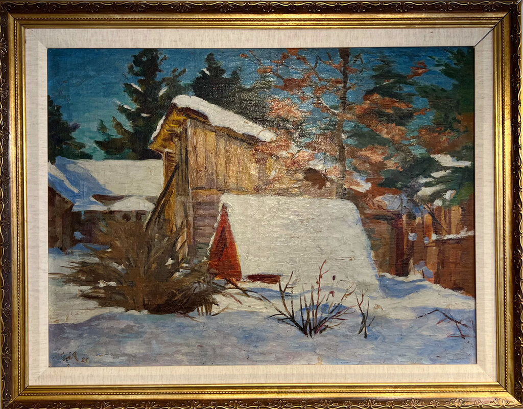 Snow Scene with Cabin. Oil on Canvas. American, Dated 1925