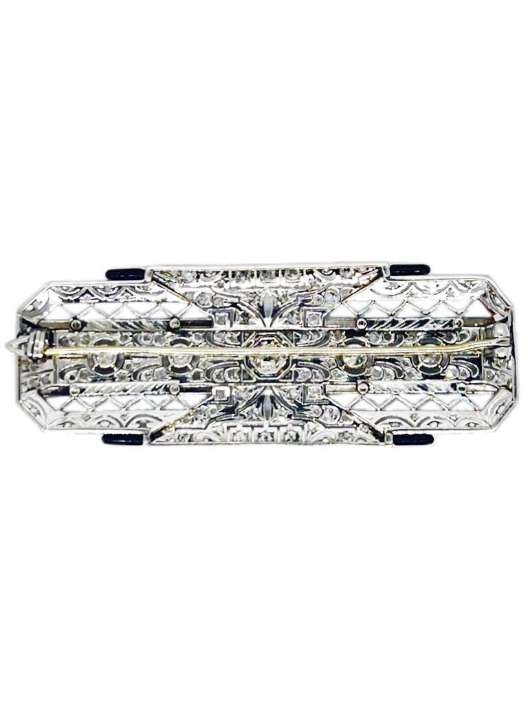 Art Deco Platinum Brooch w Diamonds & Onyx
