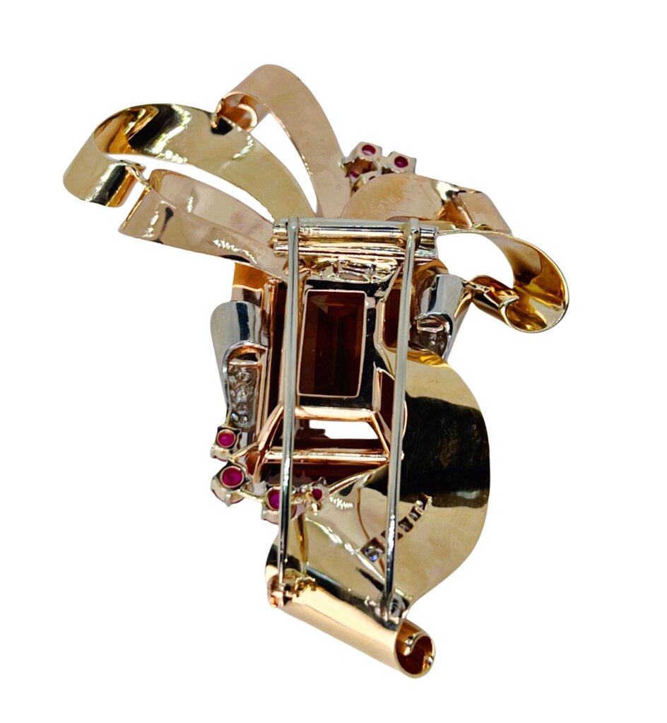 14Kt Gold Brooch w Citrine, Rubies & Diamonds