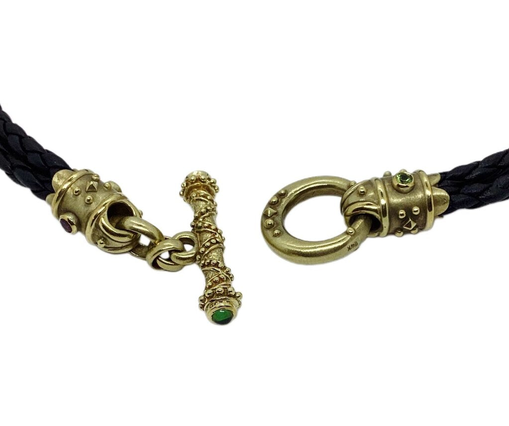 Braided Leather Necklace with 14K Toggle and Cabochon Gems