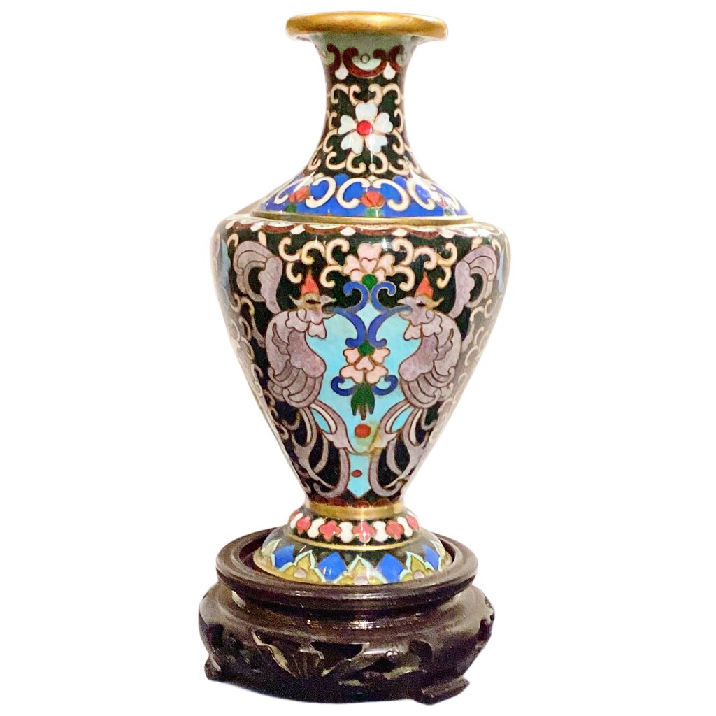 Vintage Cloisonne Vase. Black Ground with Stand. - Opportunity Shop DC