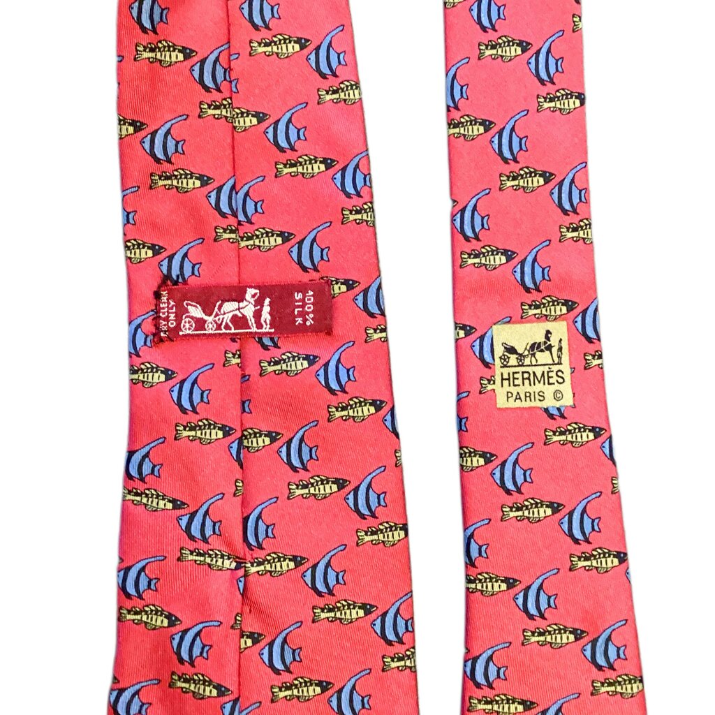 Vintage Hermes. 100% Silk Tie. Red with Fish.