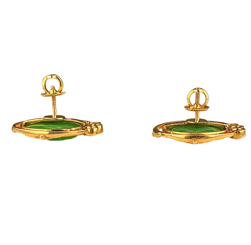 14K Gold, Green Jade, & Diamond Earrings