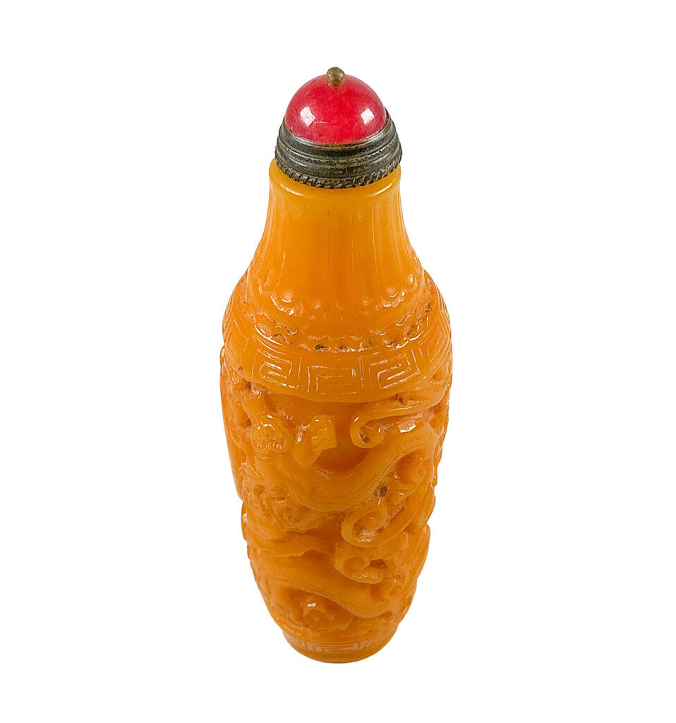 Yellow Peking Glass Snuff Bottle w Dragons