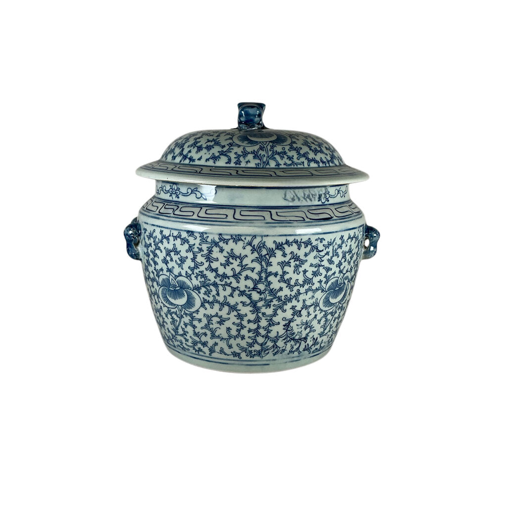 Blue & White Chinoiserie Porcelain Rice Jar w Foo Dog
