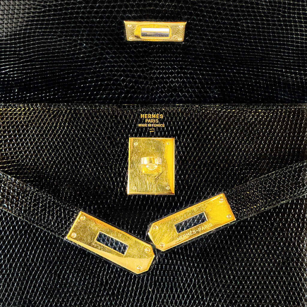 Hermes Kelly 32 Noir Lizard Leather w Gold Hardware Purse