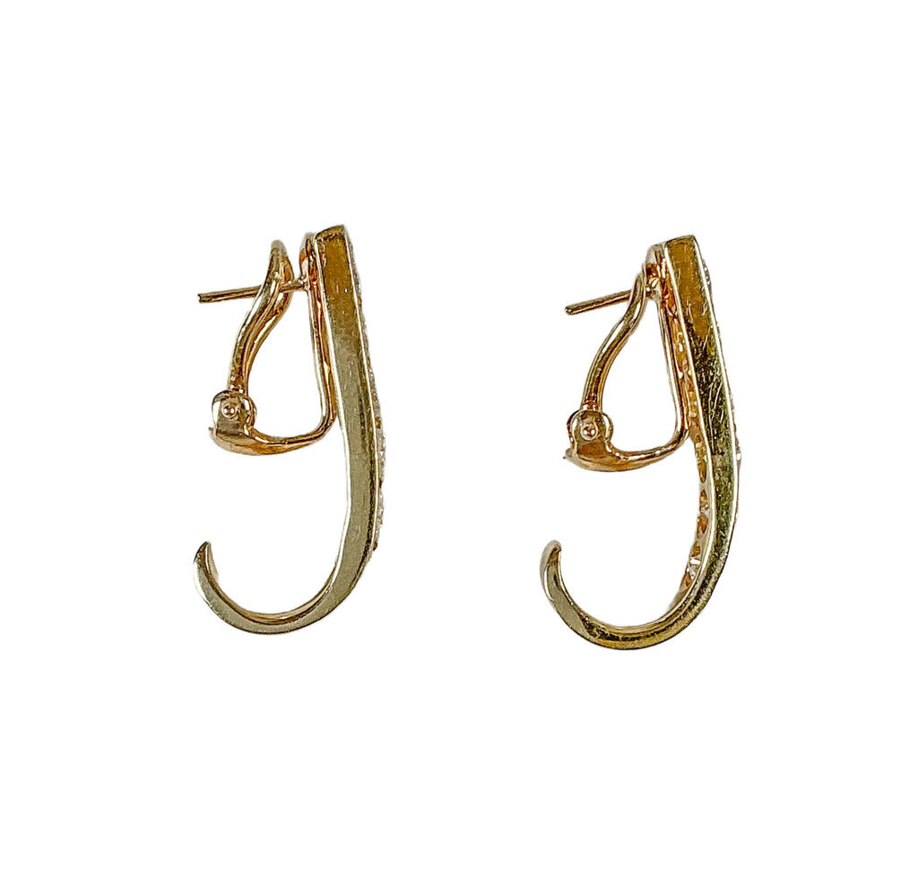 14K YG Channel Set Diamond J Hoop Omega Back Earrings