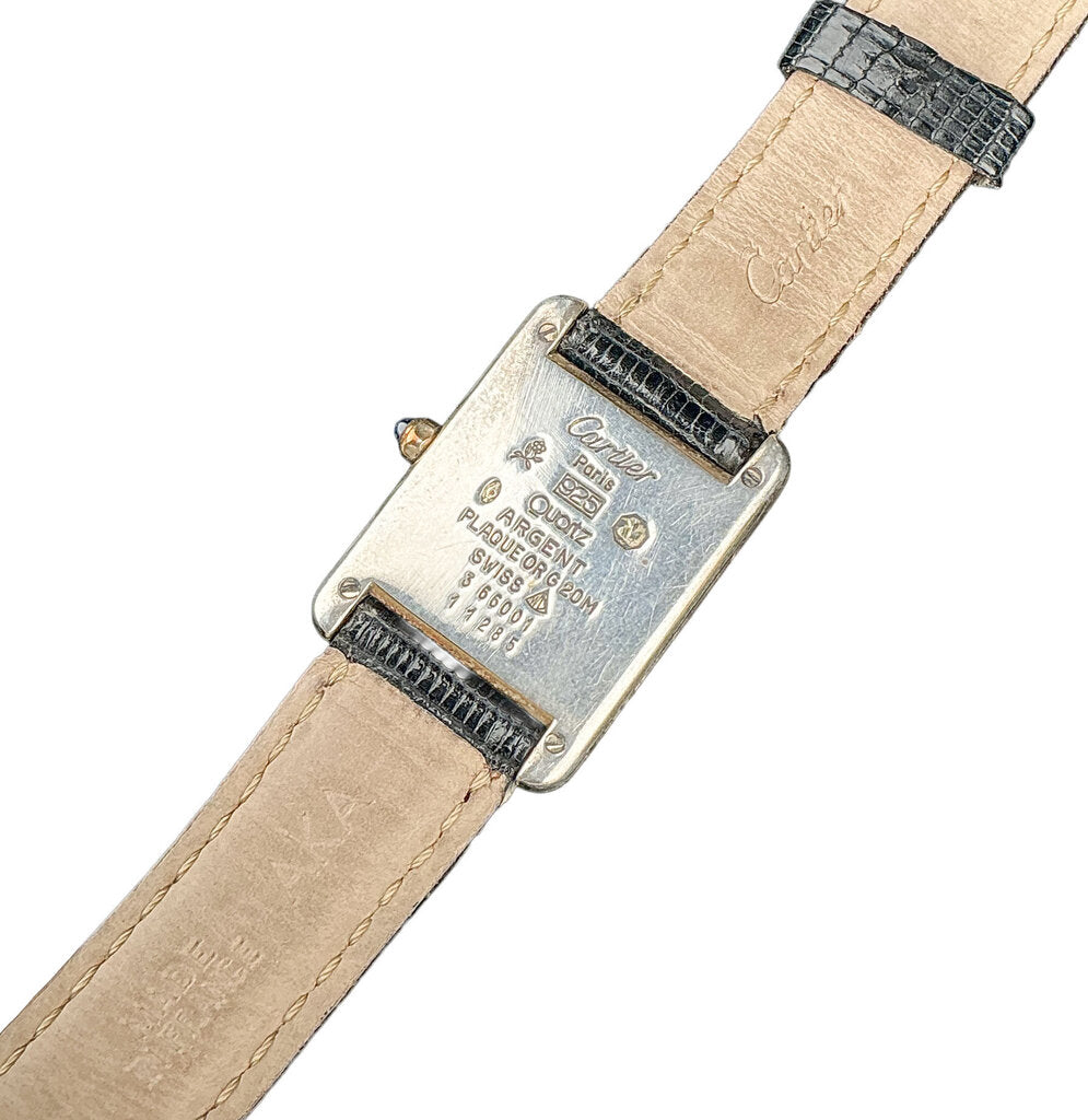 Must de Cartier Quartz Tank Watch. Vintage. 925 & GP. Black lizard Strap.