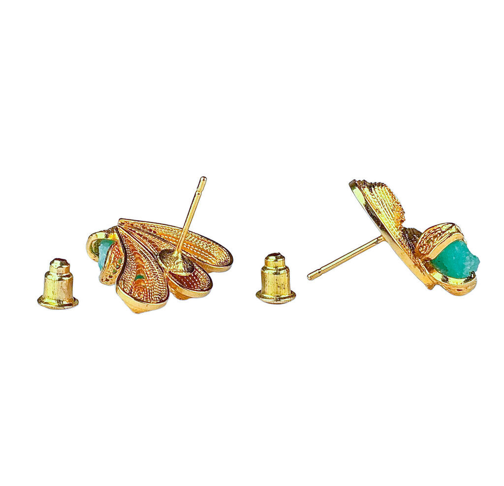 Gold Plated Filagree w Natural Emerald Post Earrings