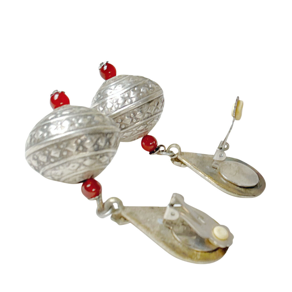 Silver-Tone Clip Earrings with Carnelian Beads