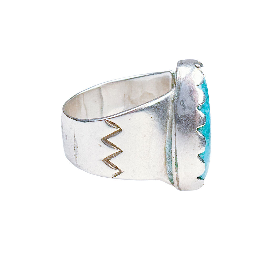 Silver-Tone Ring with American Indian Design & Turquoise-Colored Stone