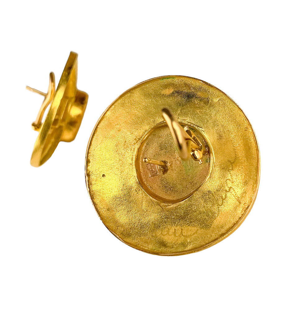 14K Gold Tribal-Motif Button Earrings with Mabe Pearl