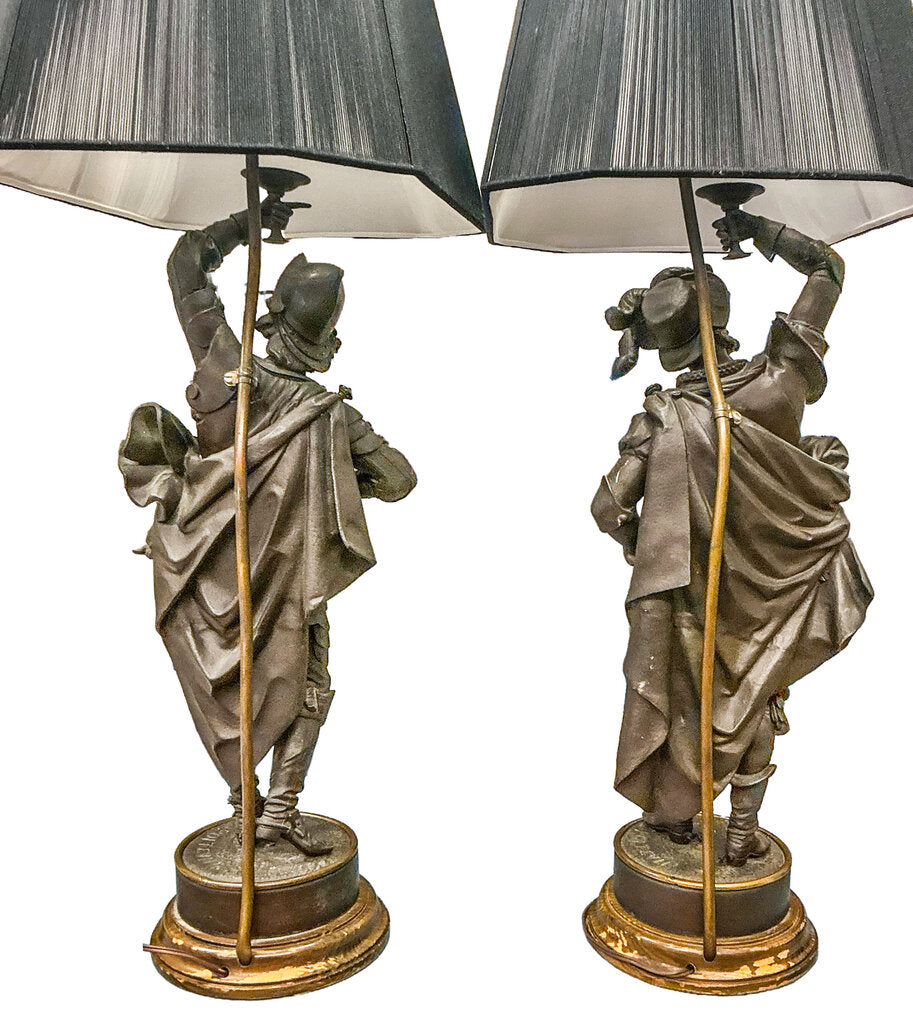Pair Vintage French Spelter Cavalier Lamps- After Philippe Poitevin