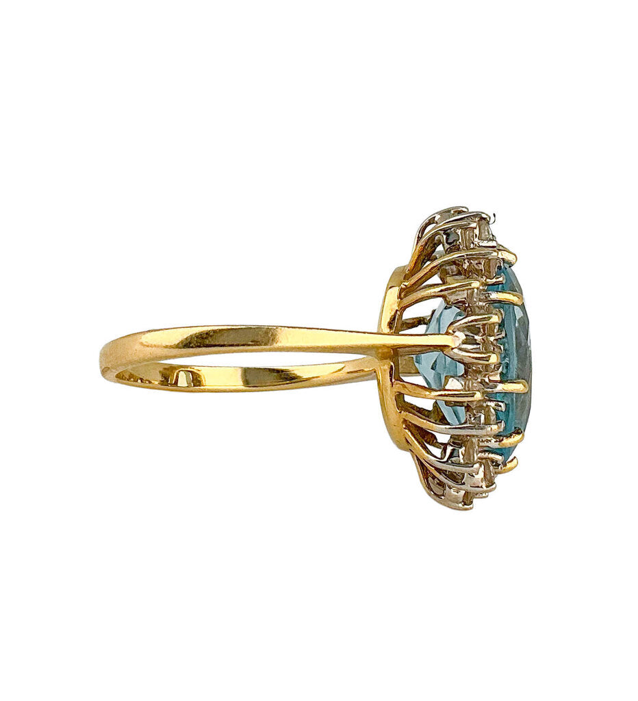 14K Gold Aquamarine & Diamond Cluster Ring