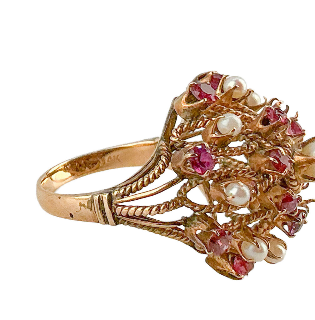 14K Gold Pearl & Pink Stone Cluster Ring