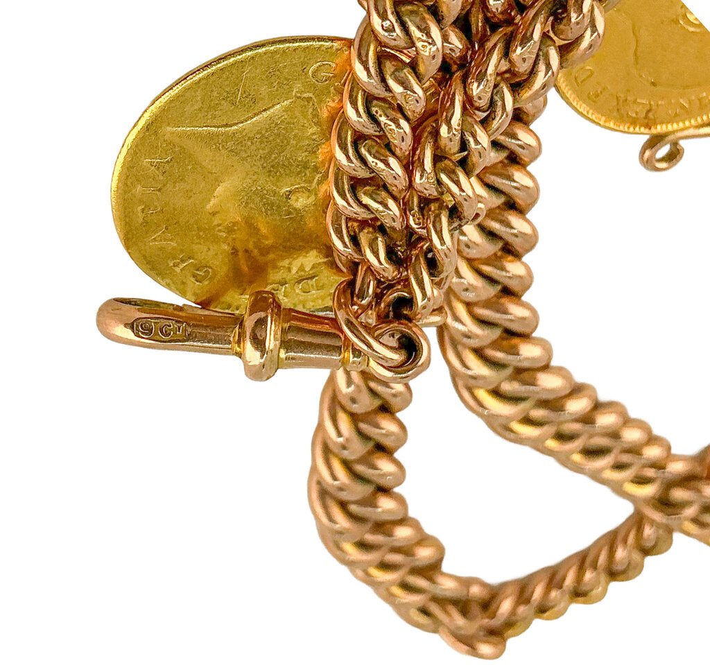9K RG Antique Watch Curb-link Chain w 2 Gold Coin Fobs