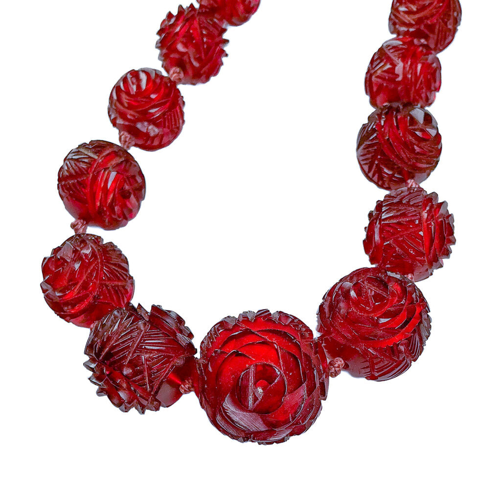 Carved Rose Cherry Amber Necklace